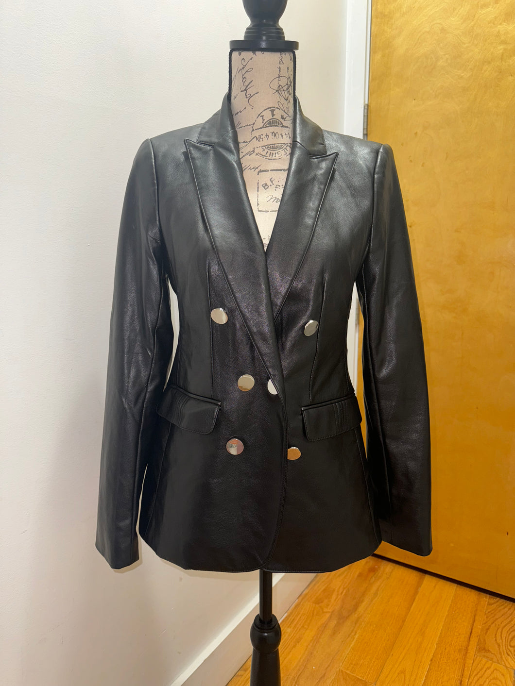 Black Leather Double-Breasted Blazer