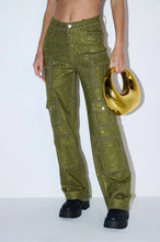 Load image into Gallery viewer, Green Rhinestone Embellished Cargo Pants
