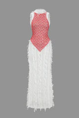 Fringe Mesh Backless Maxi Dress Fringe Mesh Backless Maxi Dress